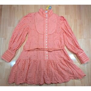 Roiii Eyelet Lace Mini Dress Coral Long‎ Sleeve Button Front XS/S Flowy Boho Fit